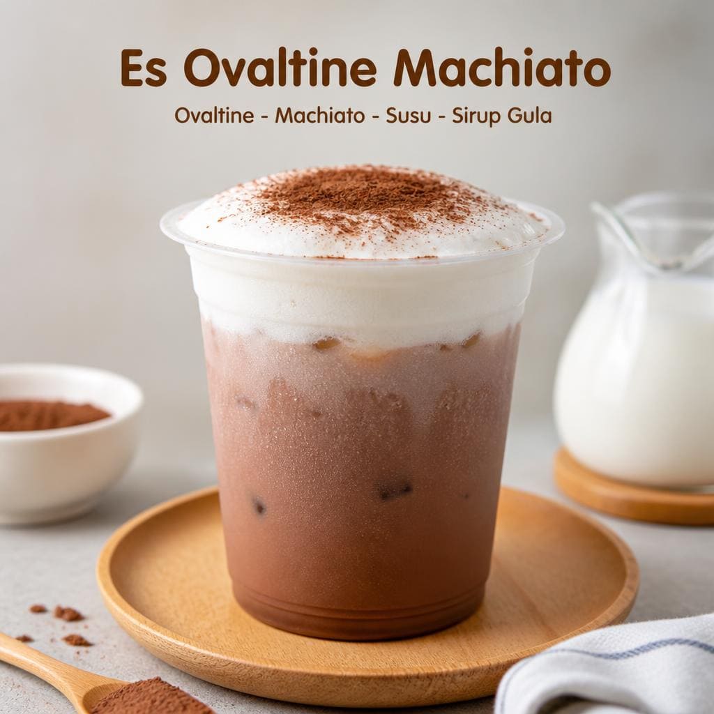 Es Ovaltine Machiato Kopi Ruang Hati dengan ovaltine machiato susu dan sirup gula